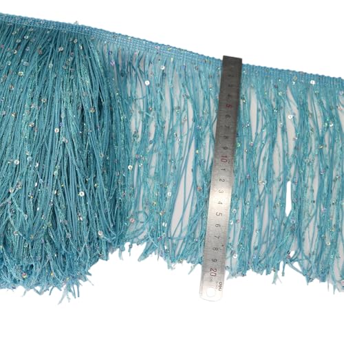 Rockreyoa 20 cm Pailletten-Fransen Breite Quaste Polyester-Fransen Spitzenfransen Quaste Fransenband Bunte Fransenborte Fransen Fransenborte Quaste Dekoborte Fransen Zierband Nähen Blauer See 1 Yard von Rockreyoa