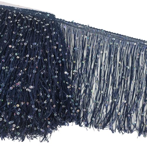 Rockreyoa 20 cm Pailletten-Fransen Breite Quaste Polyester-Fransen Spitzenfransen Quaste Fransenband Bunte Fransenborte Fransen Fransenborte Quaste Dekoborte Fransen Zierband Nähen Marineblau 1 Yard von Rockreyoa