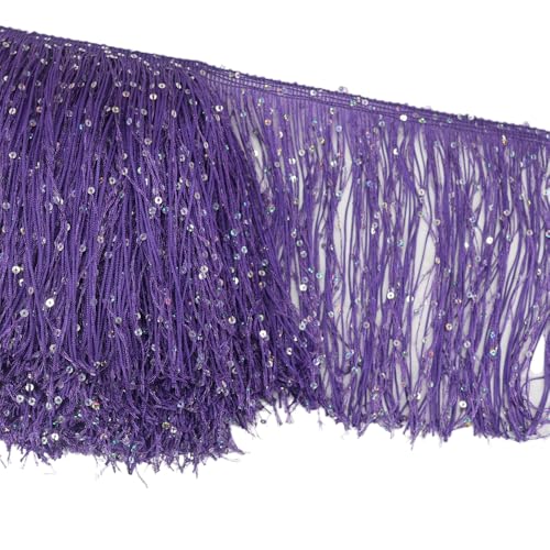 Rockreyoa 20 cm Pailletten-Fransen Breite Quaste Polyester-Fransen Spitzenfransen Quaste Fransenband Bunte Fransenborte Fransen Fransenborte Quaste Dekoborte Fransen Zierband Nähen Violett 1 Yard von Rockreyoa