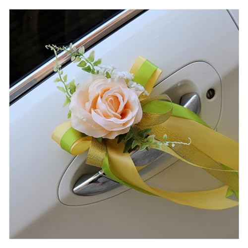 Rockreyoa 4 Stück Hochzeit Autoschmuck Künstliche Blume Autoschleifen Rückspiegel Blumenschmuck Schleifenband Rose Deko für Hochzeitsfeier Kirche Hochzeitsautodekoration Party Geschenk Champagner von Rockreyoa