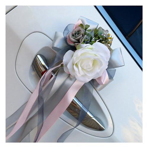 Rockreyoa 4 Stück Hochzeit Autoschmuck Künstliche Blume Autoschleifen Rückspiegel Blumenschmuck Schleifenband Rose Deko für Hochzeitsfeier Kirche Hochzeitsautodekoration Party Geschenk Grau von Rockreyoa