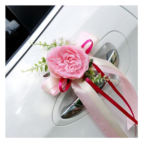 Rockreyoa 4 Stück Hochzeit Autoschmuck Künstliche Blume Autoschleifen Rückspiegel Blumenschmuck Schleifenband Rose Deko für Hochzeitsfeier Kirche Hochzeitsautodekoration Party Geschenk Rosa von Rockreyoa