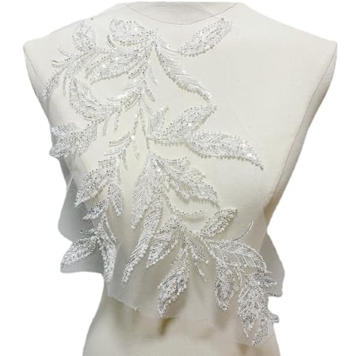 Rockreyoa Pailletten Perlen Blumen Stickerei Spitzen Applikation Florale Spitze Patches Gestickte Trim Strass Tüll Besatz Besetzter Stoff für Abschlussball Kleid Hochzeit Handwerk Reines Weiß 2 Stück von Rockreyoa