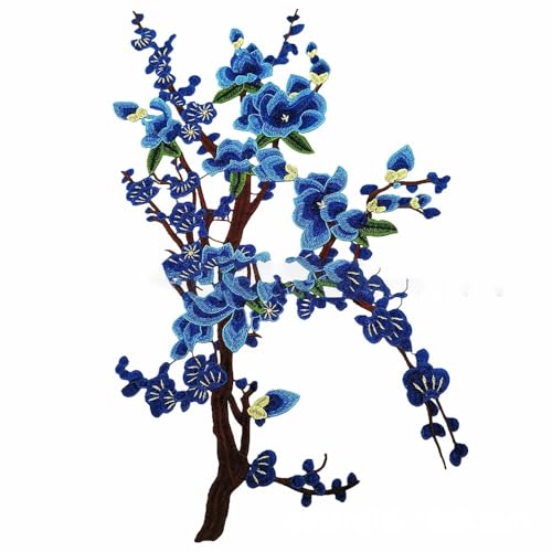 Rockreyoa Pflaumenblüten-Aufnäher Blume Applique Bügel Patches Gestickter Blumenaufnäher Aufbügler Patches Flicken Bügelflicken Applikationen Stickerei-Aufnäher Für Jacken Cheongsam Blau 4 Stück von Rockreyoa