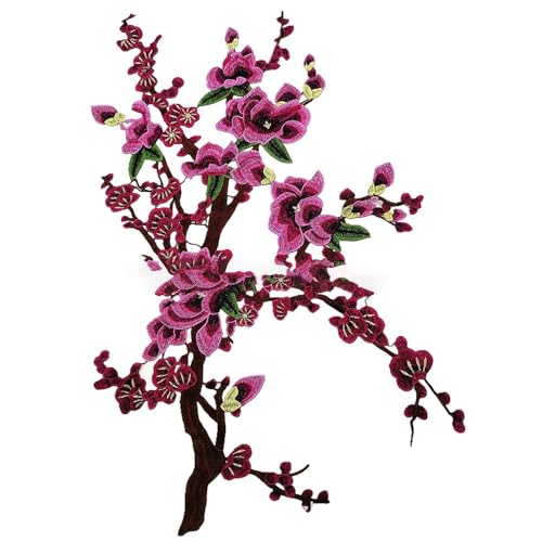 Rockreyoa Pflaumenblüten-Aufnäher Blume Applique Bügel Patches Gestickter Blumenaufnäher Aufbügler Patches Flicken Bügelflicken Applikationen Stickerei-Aufnäher Für Jacken Cheongsam Lila 2 Stück von Rockreyoa