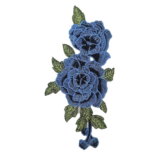 Rockreyoa Rose Blume Bestickte Aufnäher Retro-Stickerei-Rosen-Patches 3D Rosen Patch Stylische Applikation Aufbügler Bestickte Bügelbild Aufnäher Blume Stickerei Patch Für Kleid Blau (Links) 10 Stück von Rockreyoa