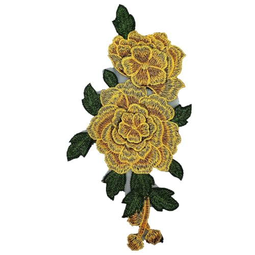 Rockreyoa Rose Blume Bestickte Aufnäher Retro-Stickerei-Rosen-Patches 3D Rosen Patch Stylische Applikation Aufbügler Bestickte Bügelbild Aufnäher Blume Stickerei Patch Für Kleid Gelb (Links) 10 Stück von Rockreyoa