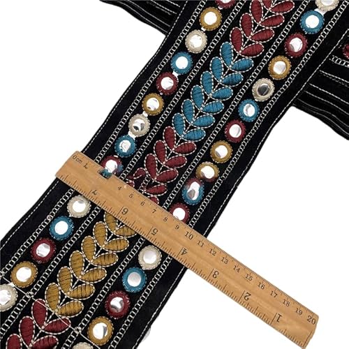 Rockreyoa Vintage Jacquard-Band Boho Bestickter Bortenstoff Blumen Besticktes Band Gewebter Blumen-Bordürenstoff Ethnischer Stickerei Spitzenborte Jacquard Ribbon Trim Schwarz (11cm) 3 Yards von Rockreyoa