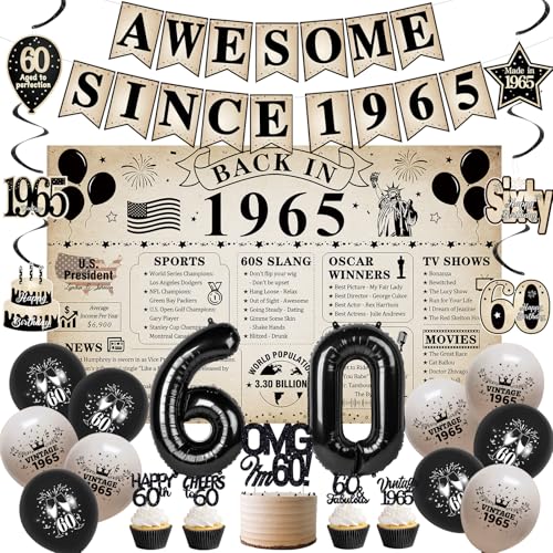 Roetyce 60. Geburtstag Dekorationen Frauen Männer, Vintage Back in 1965 Poster Banner Luftballons Hängende Wirbel Kuchen Topper Kit, Retro Happy 60th Birthday Party Supplies, 60 Jahre alt Geburtstag von Roetyce