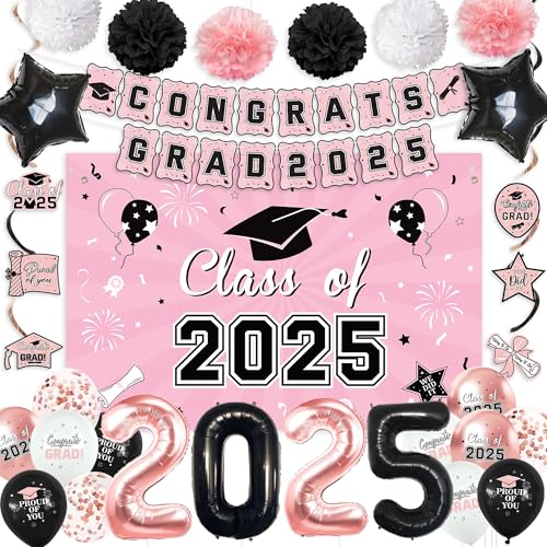 Roetyce Abschlussdekorationen Frauen Mädchen, Rosa Klasse von 2025 Banner Ballons Hängende Wirbel Pompons Kit, Congrats Grad Foto Hintergrund, Rose Gold Graduation Party Supplies für High von Roetyce