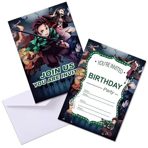 Roffatide Anime Demon Slayer 12pcs Geburtstag Einladungskarten mit Umschlägen, Kamado Tanjirou Nezuko Party Dekoration, Junge und Mädchen Geburtstag Einladungsbrief von Roffatide