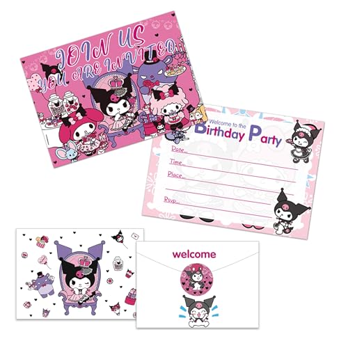 Roffatide Anime Kuromi Einladungskarten Happy Birthday Supplies 12 Pcs Füllen Sie Einladungen mit Umschlägen für Mädchen und Jungen 5.9x10.8 Zoll aus von Roffatide