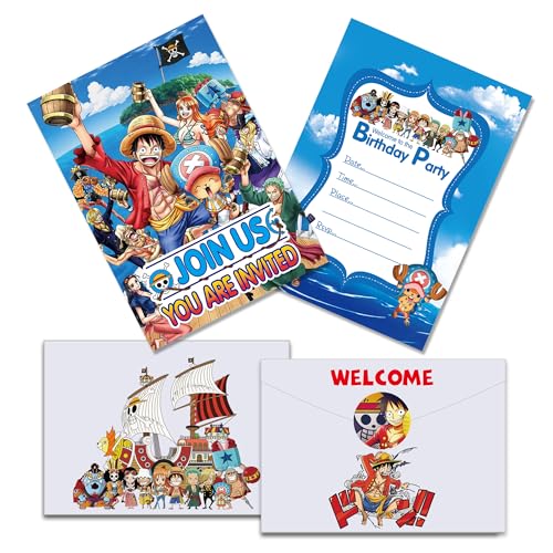 Roffatide Anime One Piece Einladungskarten Happy Birthday Supplies 12 Pcs Luffy Füllen Sie Einladungen mit Umschlägen für Mädchen und Jungen 4.2x5.9 Zoll aus von Roffatide