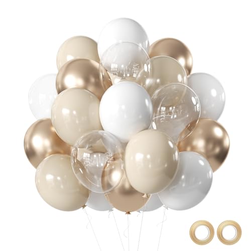 Luftballons Beige Gold Set, 50 Stück Beige Weiß Gold Klare Luftballons Metallic Champagner Gold Latex Ballons mit Bändern für Hochzeit Geburtstag Babyparty Boho Party Dekorationen von Roimylie