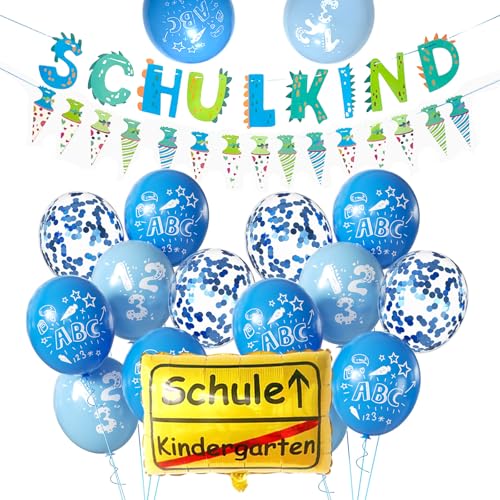 Schulkind Deko Einschulung Luftballons, Einschulung Deko + SCHULKIND Folienballon + 14 Luftballons Blau Einschulung mit 123 ABC+ 4 Blau Konfetti Luftballons für Schulanfang Deko Junge von Roimylie