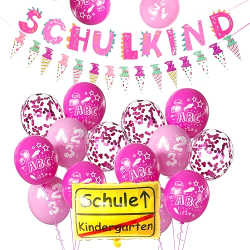 Schulkind Deko Einschulung Luftballons, Einschulung Deko + SCHULKIND Folienballon + 14 Luftballons Rosa Einschulung mit 123 ABC+ 4 Rosa Konfetti Luftballons für Schulanfang Deko Mädchen von Roimylie