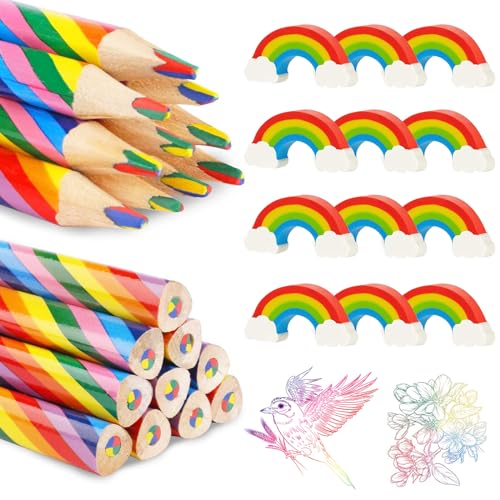 24 Stück Regenbogen Schreibwaren Set,12 Stück Buntstifte Kinder +12 Kunststoff Radiergummi Regenbogen, 4-in-1 Farbstifte Regenbogenstift Weicher 2B Radiergummis für Kreatives Zeichnen und Schreiben von Roinaid