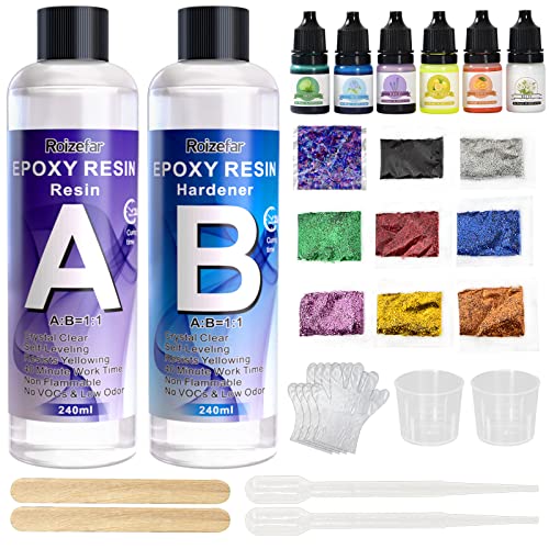 Roizefar Epoxidharz Set Anfänger 480ml, Glasklar Kunstharz Gießen Epoxy Resin Gießharz Mit Epoxidharz Farbe, Glitzer, Gießharz Starter Kit für Kunst, Handwerk, Schmuckherstellung von Roizefar