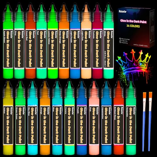 Nachtleuchtende Farben 21×20ml, Roizefar 3D Wasserfest Textilfarbe Farbe, glow in the dark Farben, Fluoreszierende Farbe DIY Stofffarben Klebestift für Kindermalerei, Leinwand Textil von Roizefar