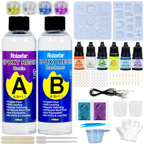 Roizefar Epoxidharz Set Anfänger 380 ml, ungiftige und gießharz Untersetzer mit Harzform, Epoxidharz farbe, Folien flocken, Pailletten, Epoxidharz für Kunsth and werk, Schmuckherstellung von Roizefar