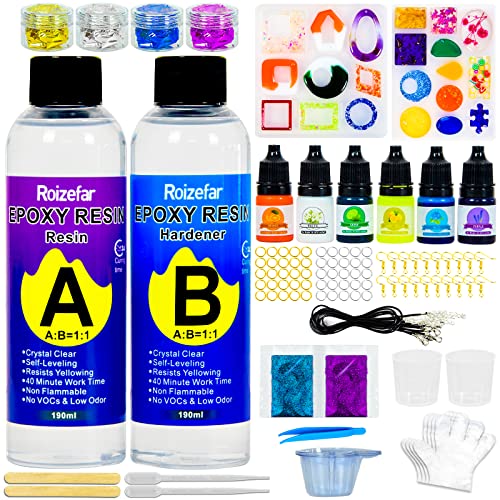 Roizefar Epoxidharz Set Anfänger 380 ml, ungiftige und gießharz Untersetzer mit Harzform, Epoxidharz farbe, Folien flocken, Pailletten, Epoxidharz für Kunsth and werk, Schmuckherstellung von Roizefar