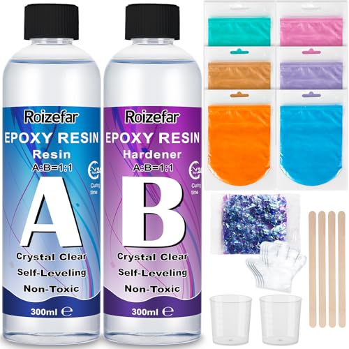 Roizefar Epoxidharz Set Anfänger 600ml, Glasklar Kunstharz Gießen Epoxy Resin Gießharz Mit Epoxidharz Farbe, Glitzer, Gießharz Starter Kit für Kunst, Handwerk, Schmuckherstellung von Roizefar