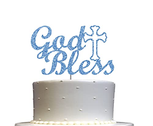 God Bless Cake Topper Glitzer Zur Taufe Erstkommunion Konfirmation Taufe Religiöse Feier Deko Premium Qualität Stabiler doppelseitiger Glitzer Hergestellt in USA (Blau) von RokAPary