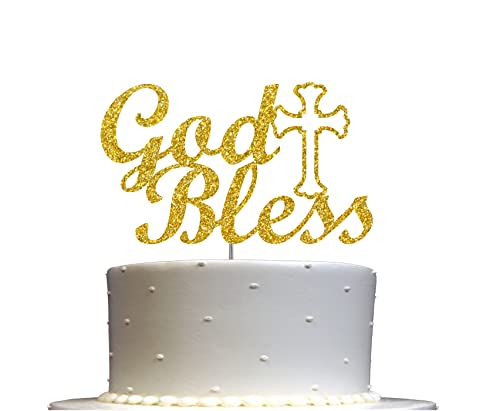 God Bless Cake Topper Glitzer Zur Taufe Erstkommunion Konfirmation Taufe Religiöse Feier Dekoration Premium Qualität Stabiler doppelseitiger Glitzer Acrylstab Hergestellt in den USA (Gold) von RokAPary