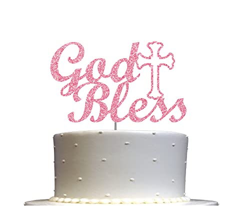 God Bless Cake Topper Glitzer Zur Taufe Erstkommunion Konfirmation Taufe Religiöse Feier Dekoration Premium Qualität Stabiler doppelseitiger Glitzer Acrylstab Hergestellt in den USA (Rosa) von RokAPary