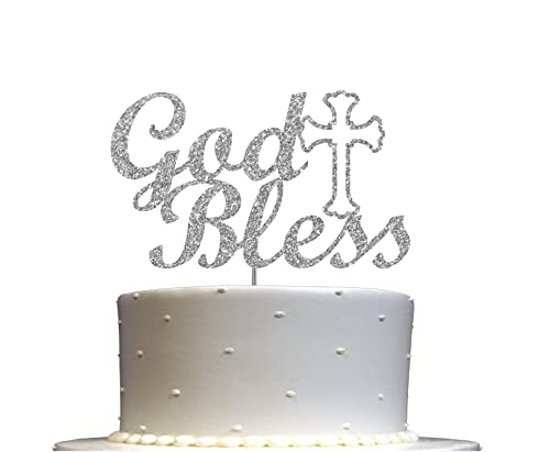 God Bless Cake Topper Glitzer Zur Taufe Erstkommunion Konfirmation Taufe Religiöse Feier Dekoration Premium Qualität Stabiler doppelseitiger Glitzer Acrylstab Hergestellt in den USA (Silber) von RokAPary