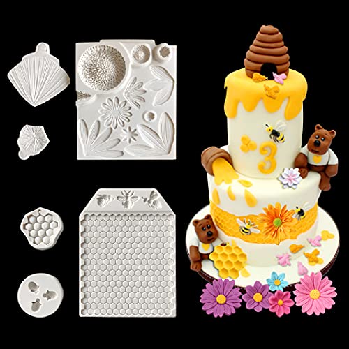 Rolin Roly 6PCS Sonnen Blumen Fondant Kuchenformen Wabenbienen Silikonform Sun Flower Cakes Formen Wabenmuster Fondant Formen Cupcake Dekoration Süßigkeiten Backformen von Rolin Roly