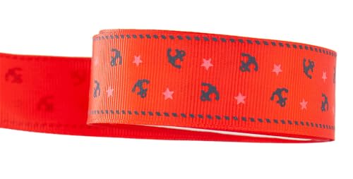 98 cm Band 25 mm hoch rot verziert mit Anker und Sternen GROS GRAIN CANNETE BÄNDER Motiv Maritim von RomaLab