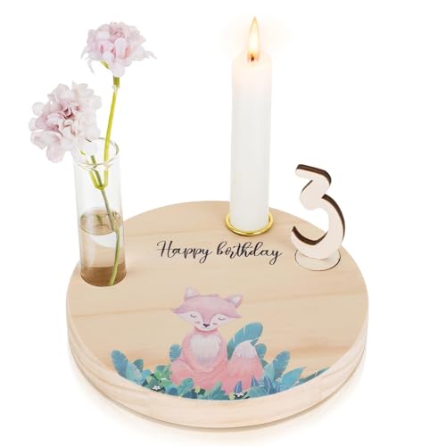 Geburtstagsteller Holz Für Kinder Geburtstag Geschenk: Romadedi Personalisiert Geburtstagsdeko Mit Gravur Mit Kerzenhalter、Vase & Zahlen 0-9 Für Geschenke Zum 1 Geburtstag Junge Mädchen,16.5 * 2cm von Romadedi