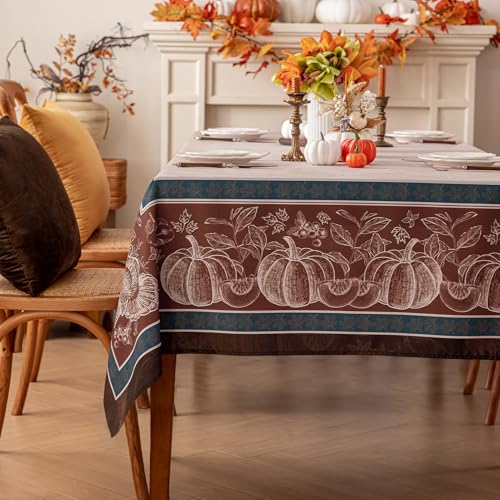 Romanstile Herbst Tischdecke 140x180 Kürbis und Puten Muster abwaschbar wasserabweisend aus Polyester Tischwäsche Tischtuch Table Cloth Deko für Halloween,Party,Thanksgiving Day,Erntedankfest,Autumn von Romanstile