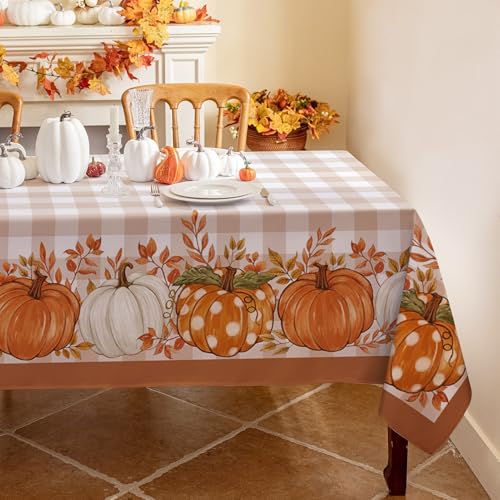 Romanstile Herbst Tischdecke Abwaschbar 180x140 cm mit Kürbismuster Orange Tischdecken Karierte Wasserabweisend Tischwäsche Modern Tischtuch Halloween für Outdoor Geburtstag Party Camping Herbstdeko von Romanstile