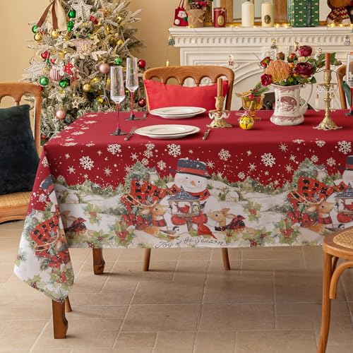 Romanstile Tischdecke Weihnachten 140x240 cm abwaschbar in Rot Schneemann Wasserabweisende Tischdecken,Tischtuch, Festliche Deko für Esstisch,Esszimmer,Party,Feste,Feiern,Abendessen,Neujahr,Silvester von Romanstile