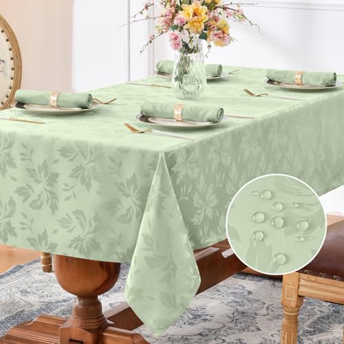 Romanstile Tischdecke abwaschbar 100 x 140 cm Mint Grün Frühling rechteckig Luxuriös Blätter Damast Muster wasserabweisend Tischtuch Table Cloth für Geburtstag,Ostern,Spring,Outdoor,Garten,Balkon von Romanstile