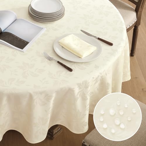 Romanstile Tischdecke rund 140 cm Creme Weihnachten abwaschbar Luxuriös Jacquard Blumen wasserabweisend Tischtuch Tafeltuch Table Cloth für Esstisch,Party,Weihnachtsdeko,Hochzeit,Küche,Garten,Winter von Romanstile