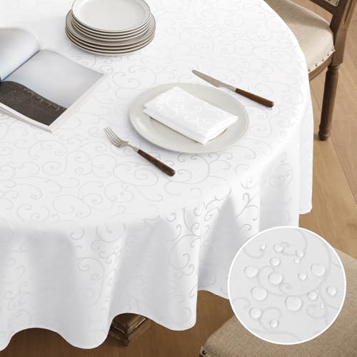 Romanstile Tischdecke rund 180 cm abwaschbar Weiss Damast Jacquard,schmutzabweisend wasserabweisend,Tischtuch Tafeldecke Tischwäsche Table Cloth für Weihnachten,Silvester,Neujahr,Konferenz,Messe von Romanstile