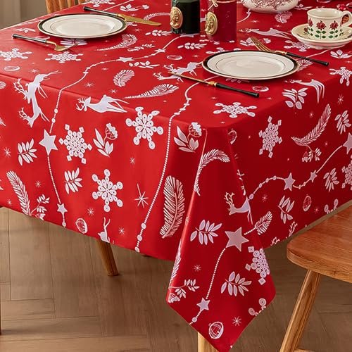 Romanstile Weihnachten Wachstuchtischdecke 240x140 cm rot Hirsch Tischdecke Outdoor Wetterfest Abwaschbar PVC 100% Wasserdicht Tischtuch Garten Tischdecken Deko für Party Esstisch Geschenkidee von Romanstile