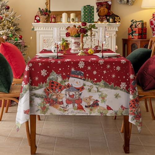 Romanstile Weihnachts Tischdecke abwaschbar in Rot mit Schneemann-Muster - 320 x 140 cm,große Tischdecken,Tischtuch, Festliche Dekoration für Esstisch,Esszimmer,Party,Feste,Feiern,Familie Abendessen von Romanstile