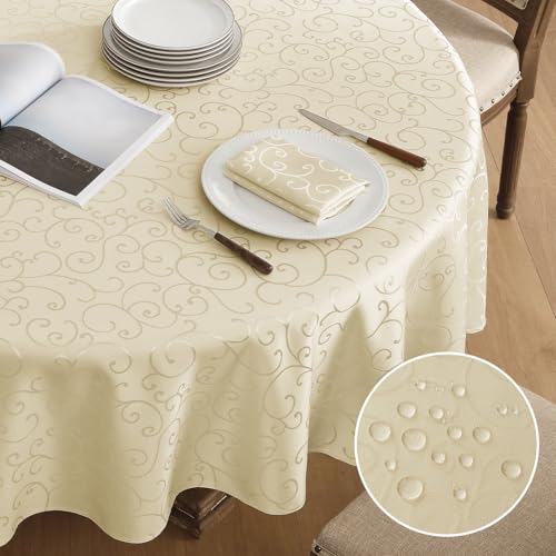 Romanstile Weihnachts Tischdecke rund abwaschbar beige 200 cm schmutzabweisend,wasserabweisend,Damast Jacquard,Tablecloth für Weihnachtsfeier,Geburtstag,Hotel,Restaurant,Bar,Neujahr,Xmas,Party,Outdoor von Romanstile