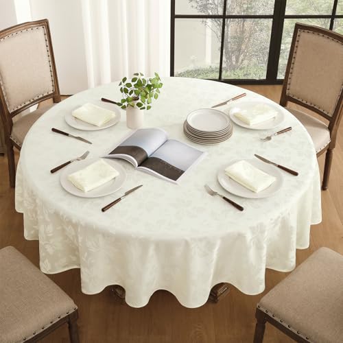 Romanstile runde Tischdecke 200 cm Beige abwaschbar Luxuriös Jacquard-Damast Blumen wasserabweisend Tischtuch Tafeltuch Table Cloth Herbstdeko für Weihnachten,Party,Esszimmer,Restaurant,Silvester von Romanstile