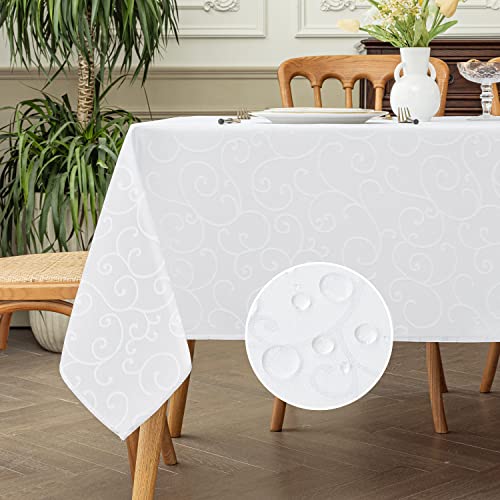 Romanstile weiße Tischdecke abwaschbar 140 x 240 rechteckige Damast Jaquard Tischdecken Tischtuch Table Cloth elegant Deko für Weihnachten,Outdoor,Garten,Geburtstag,wasserabweisend,Silvester,Esstisch von Romanstile