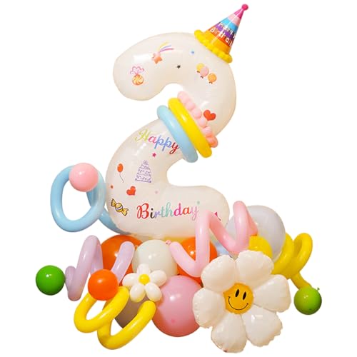 32-teiliges Geburtstagsballon-Set mit Zahlen 1/2/3, Luftballons mit Gänseblümchen-Muster, buntes aufblasbares Ballon-Set für Kindergeburtstage, Feiern, Party-Dekorationen (Nummer 2) von Romcade