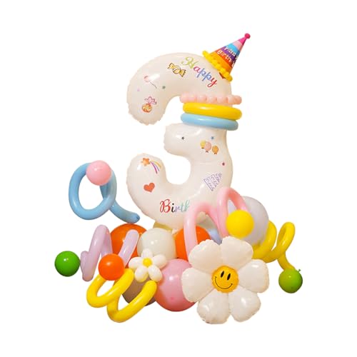 32-teiliges Geburtstagsballon-Set mit Zahlen 1/2/3, Luftballons mit Gänseblümchen-Muster, buntes aufblasbares Ballon-Set für Kindergeburtstage, Feiern, Party-Dekorationen (Nummer 3) von Romcade