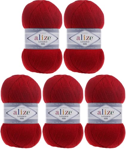 Alize Lanagold 800 (5 x 100g/800m) Türkische Wolle Strickgarn für Häkeln, Stricken und Basteln, sehr feines Gewicht, weich, (5 Knäuel, 56) von Rome Yarn