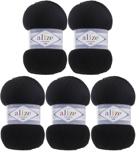 Alize Lanagold 800 (5 x 100g/800m) Türkische Wolle Strickgarn für Häkeln, Stricken und Basteln, sehr feines Gewicht, weich, (5 Knäuel, 60) von Rome Yarn