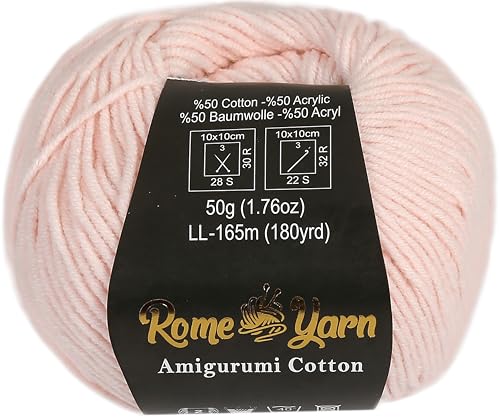 Rome Yarn Amigurumi Cotton Garn | #2 Fein Wolle | 50g | 50% Baumwolle, 50% Acryl | Strickwolle | Amigurumi Garn | Amigurumi Wolle | Babygarn für Stricken und Häkeln (1 Knäuel, 27 Hellrosa) von Rome Yarn