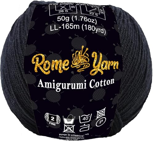 Rome Yarn Amigurumi Cotton Garn | #2 Fein Wolle | 50g | 50% Baumwolle, 50% Acryl | Strickwolle | Amigurumi Garn | Amigurumi Wolle | Babygarn für Stricken und Häkeln (1 Knäuel, 35 Schwarz) von Rome Yarn